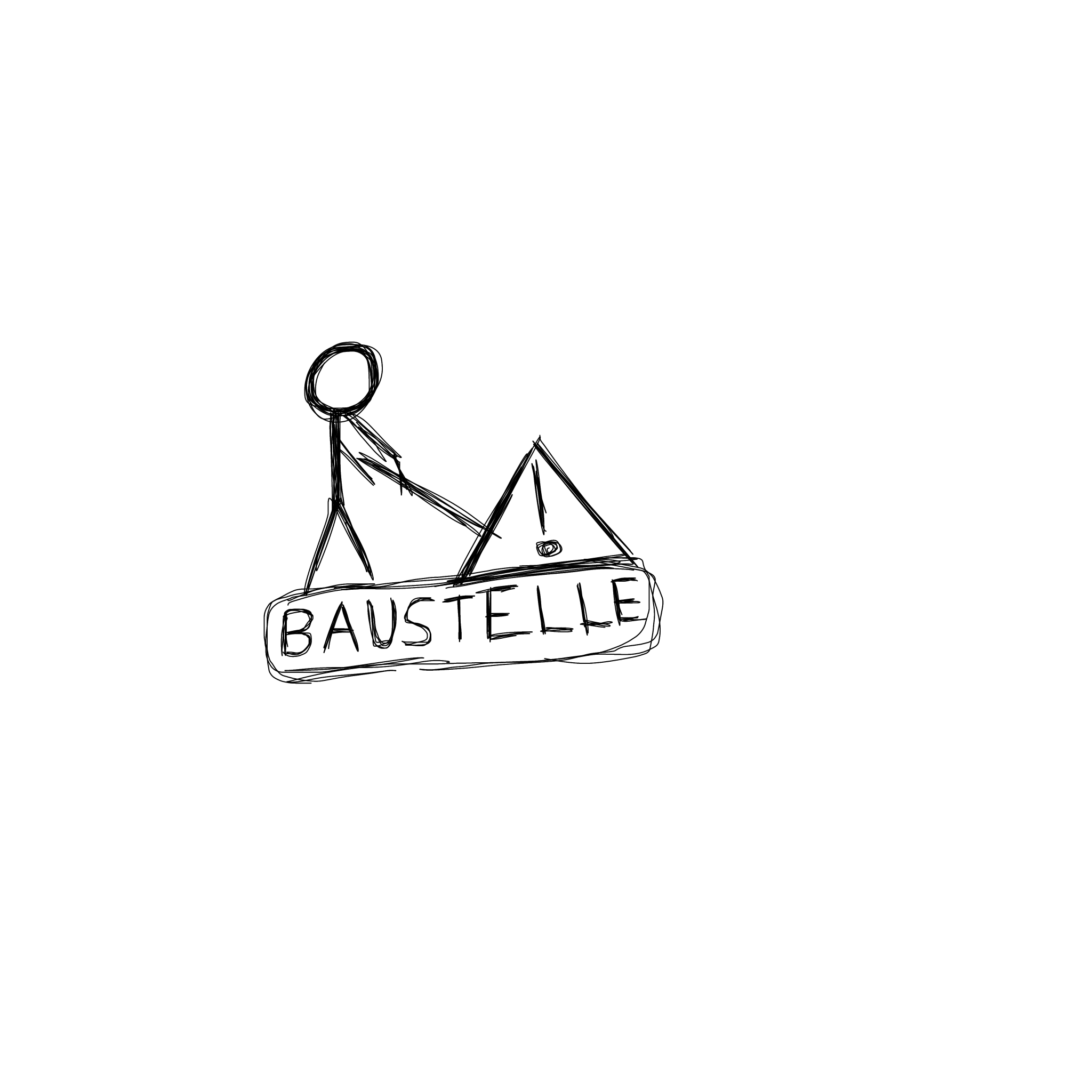 person holding a shovel into a pile of something wich is actually a triangular sign with an exclamation mark. Below that is a Sign saying Baustelle, which translates to construction site.